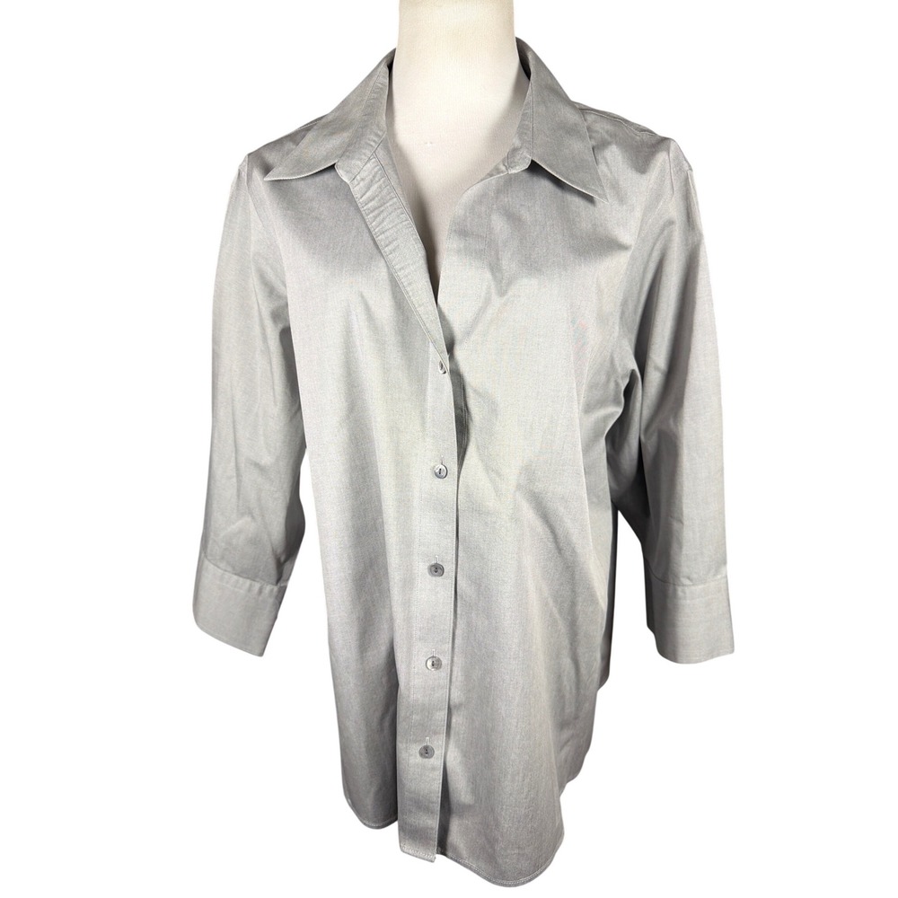 Foxcroft Womens 20W Gray Non Iron Shaped Fit 3/4 Sleeve Button Down Shirt Blouse